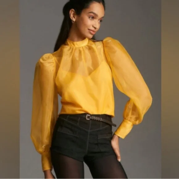 anthropologie sheer Black Back Bow at neck, self tie, Blouse NWOT By Ellender - Picture 16 of 16